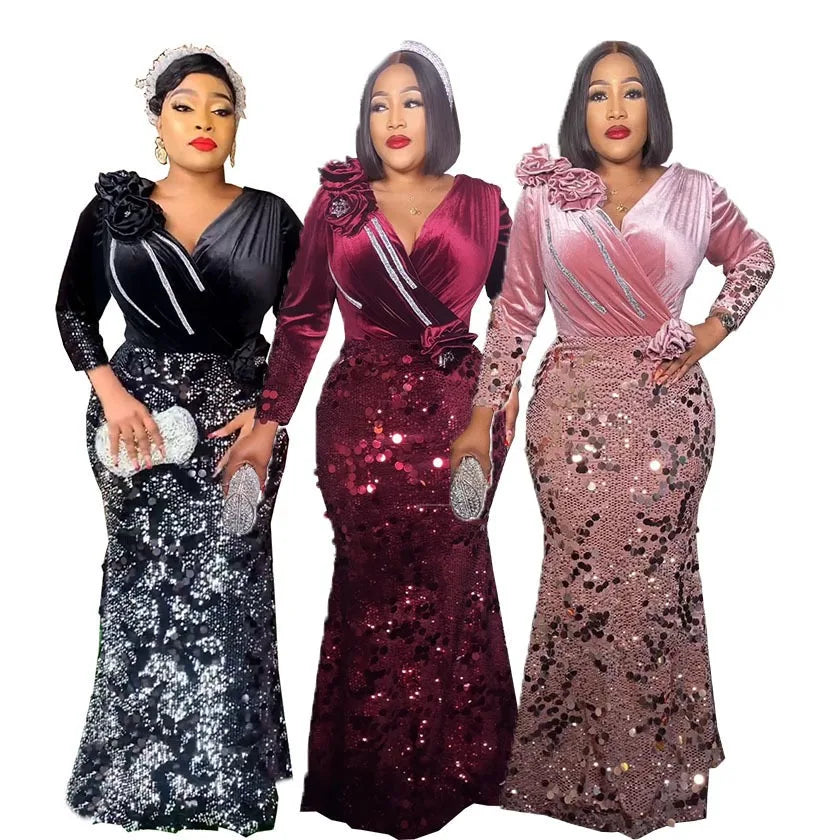 2026 Evening Party Elegant Banquet 3D Flower V Neck Dress Sequin Long Sleeve Maxi Dresses for Women K0456