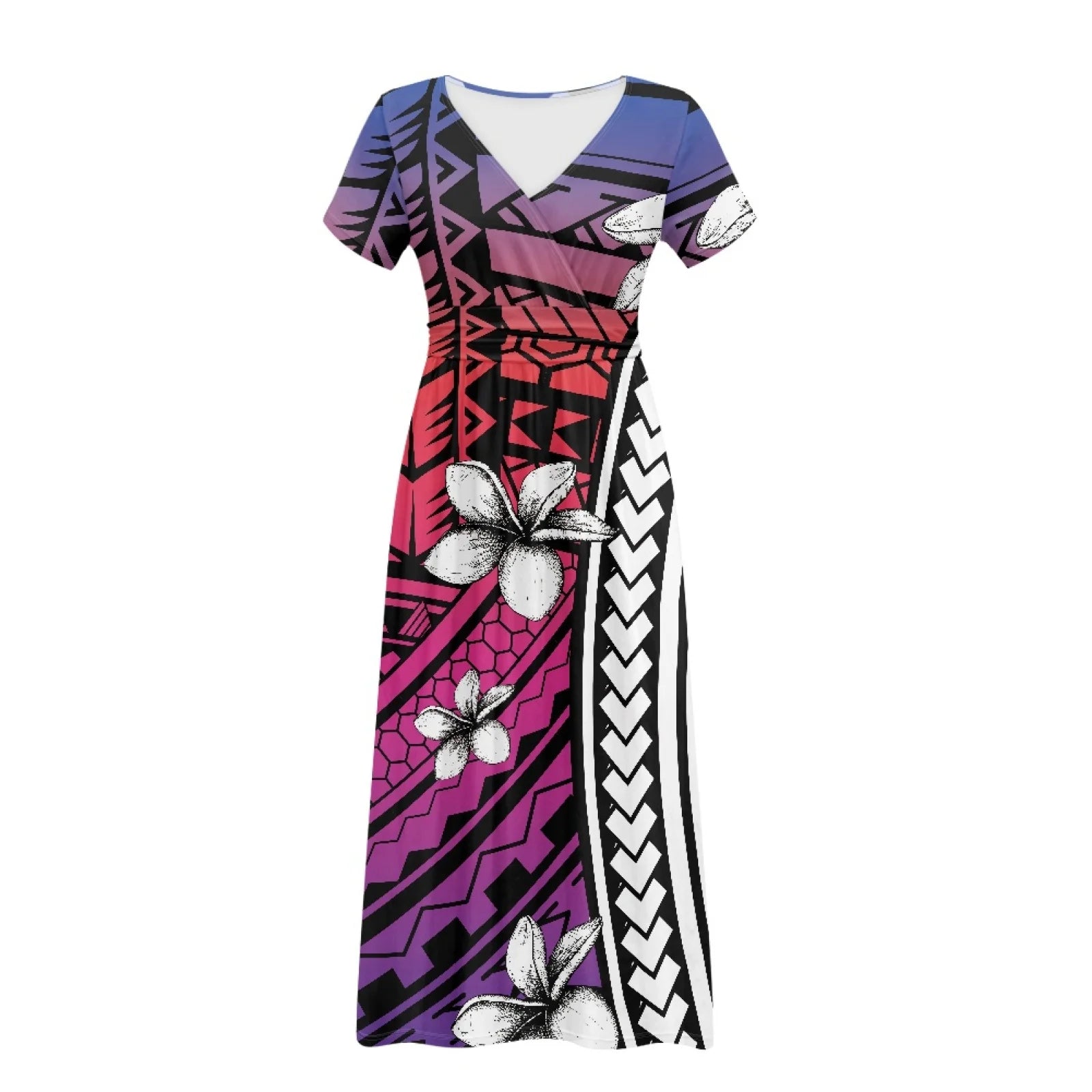 Print on Demand Polynesian Tribal Design Hawaiian Beach Daily Women's Casual Loose Pocket Long Dress Short Sleeve Maxi Dresse