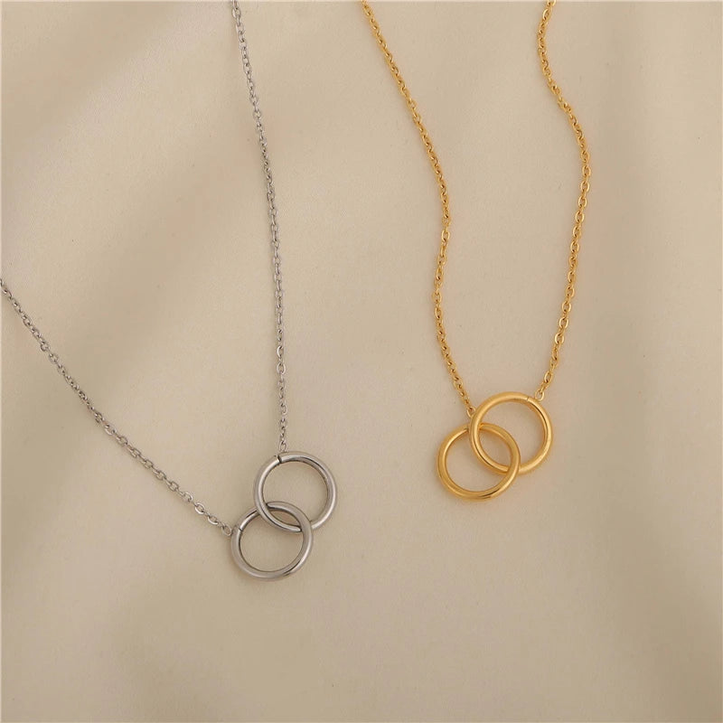 Fenny 18K Gold Plated Permanent Love Double Circle Pendant Necklace Trend for Couple Stainless Steel Jewelry Wholesale