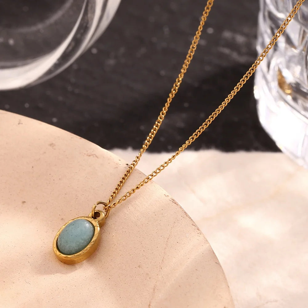 Dreamshow Oval Gary Aventurine Gemstone Necklace Natural Stone Jewelry Gold Plated Vintage Jewelry for Women