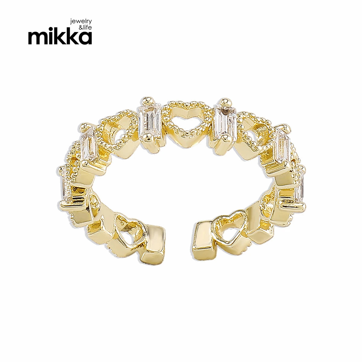Heart Design Ladies Elegant Adjustable Open Gold Plated Cubic Zirconia CZ Wide Ring for Women