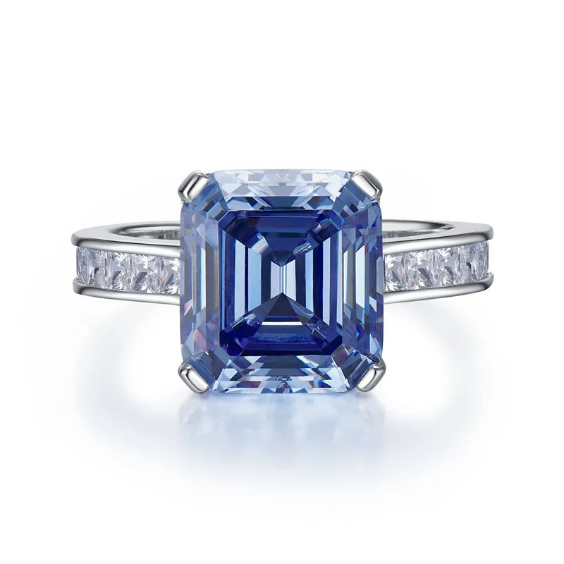 Ins Hot Sale 10x11mm Asscher Cut Gray Blue 5A Cubic Zirconia 925 Silver Rings for Fashion Girls