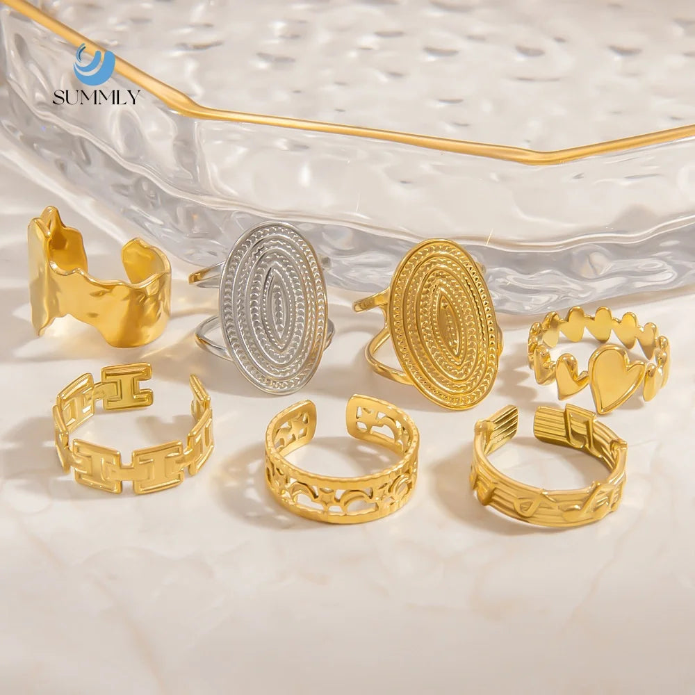 SUMMLY Vintage Oval Wide Irregular Wavy Personalized Fluid Waterproof 18K Gold Plated Stainless Steel Rings Fine Fashion Jewe