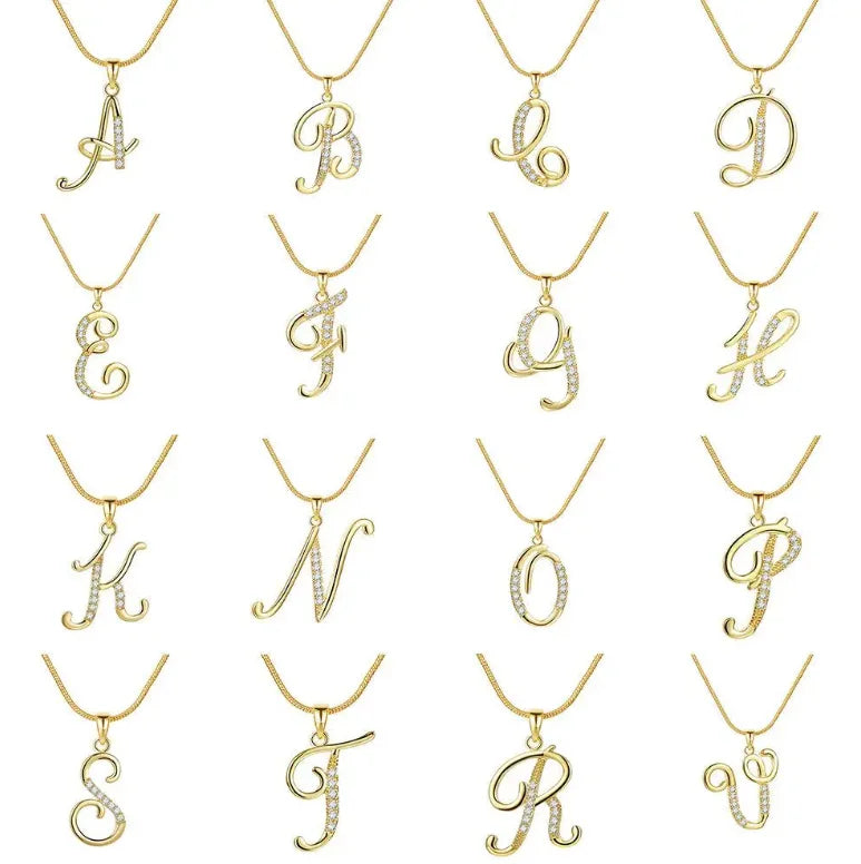 New 26 Alphabet Initial Pendant Necklace with Copper Insets and Zircon Clavicle Chain for Gifts