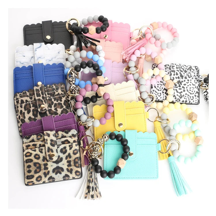 Wholesale Silicone Bead Pu Leather Key Chain Wristlet Id Credit Card Holder Keychain Wallet for Women With Bangle Bracelet