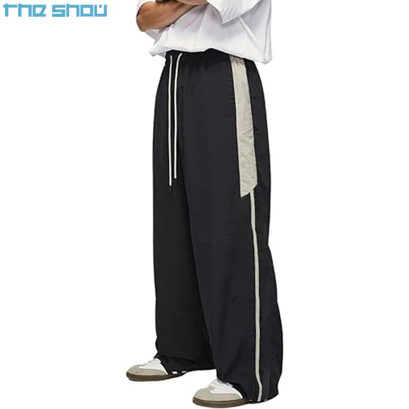 Wide Leg Cargo Pants Men's Parachute Track Pants Baggy Sweatpants Button Fly Drawstring Trousers Wide Leg Pants Men