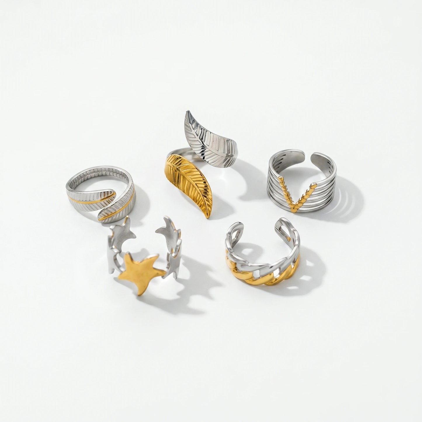 QIAOREN 12964-67 Gold Plated Stainless Steel Two Tone Snake Star Adjustable Rings Set Tarnish Free Waterproof Jewelry
