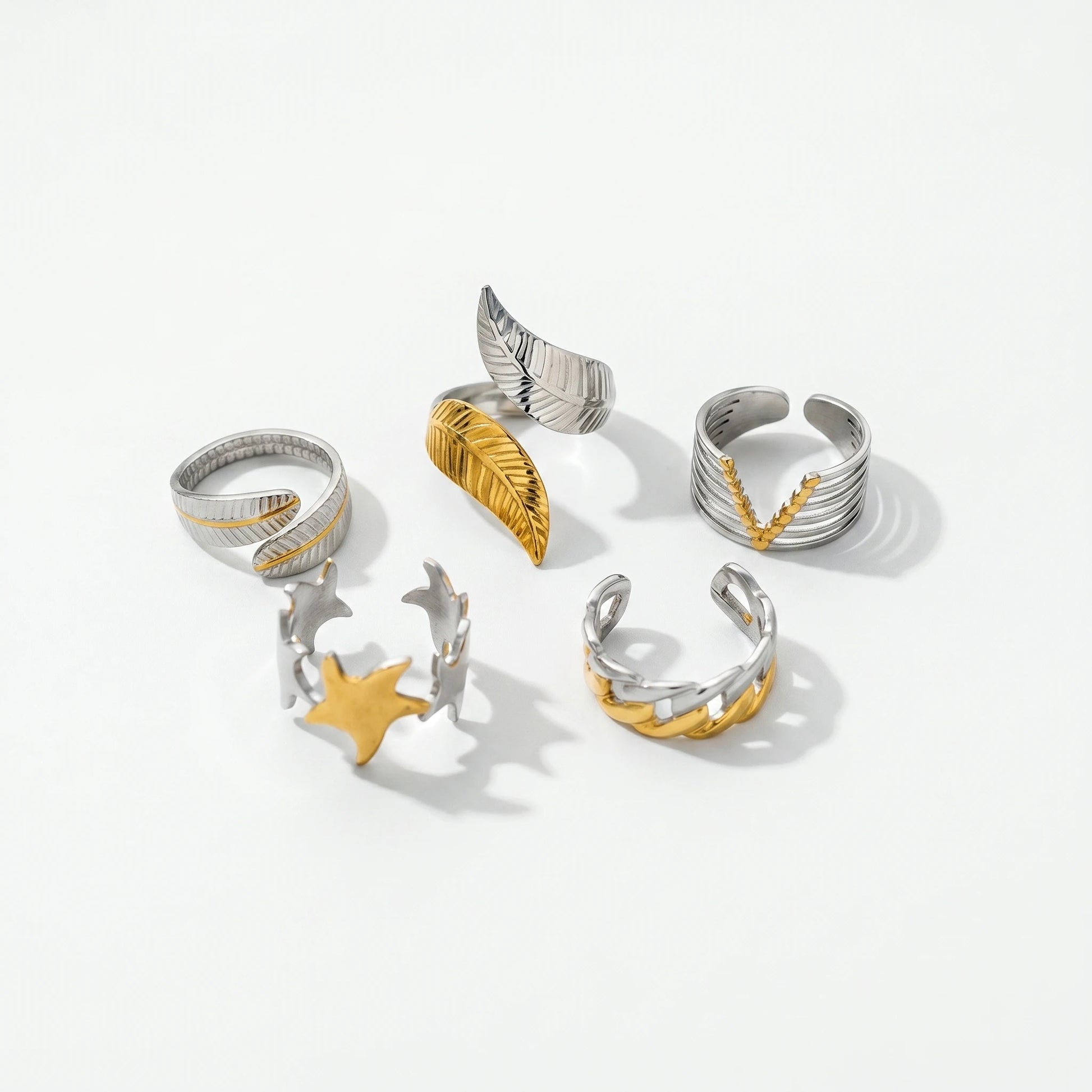 QIAOREN 12964-67 Gold Plated Stainless Steel Two Tone Snake Star Adjustable Rings Set Tarnish Free Waterproof Jewelry
