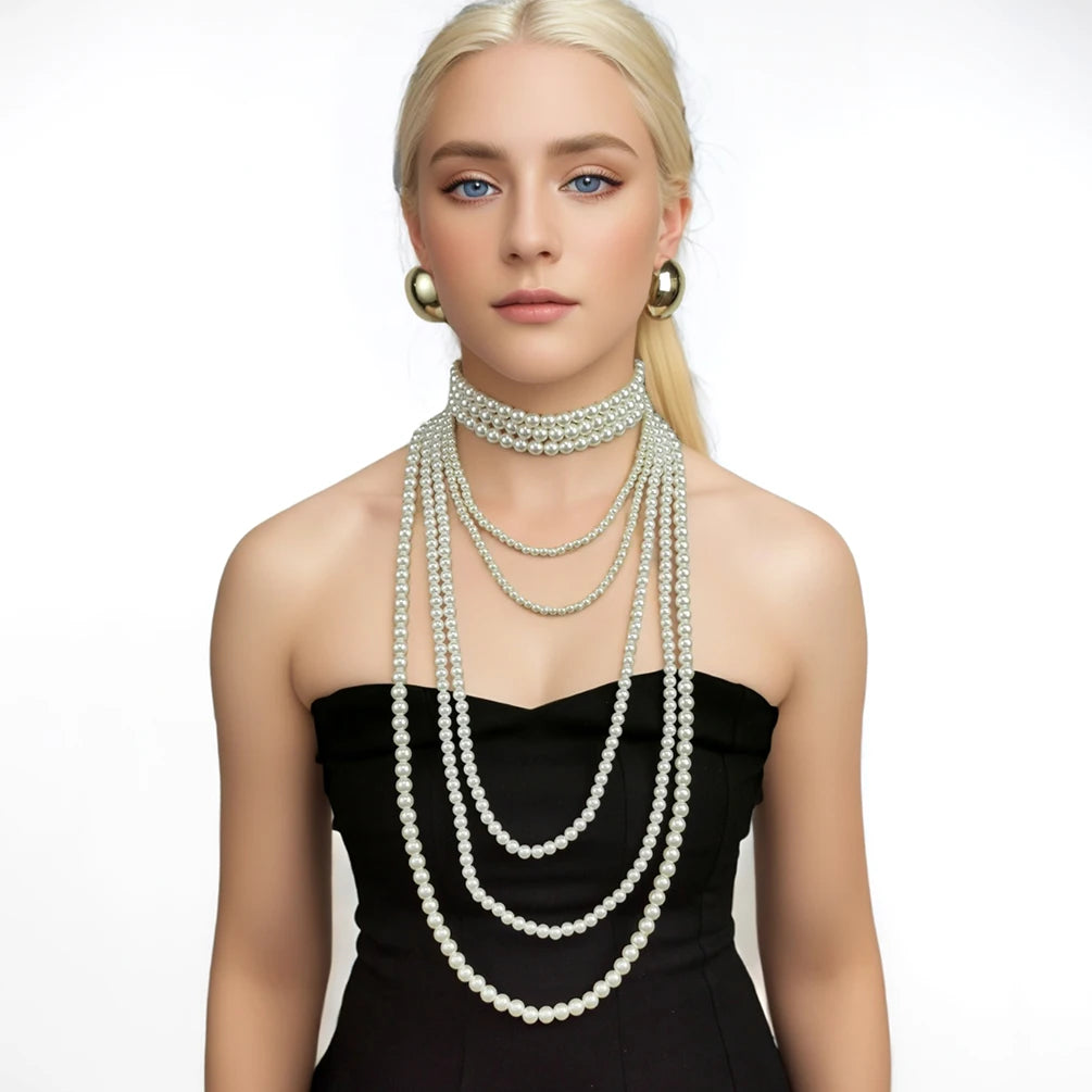 Women's Chunky Multi-Strand Faux Pearl Statement Necklace and Earrings Set Long Tassel Necklace Fashion Accessories