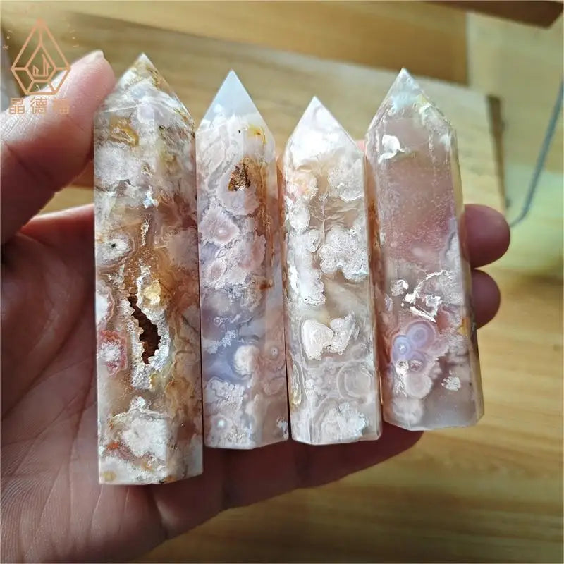 Wholesale Natural Flower Agate Tower with Druzy Cherry Blossom Agate Point for Meditation