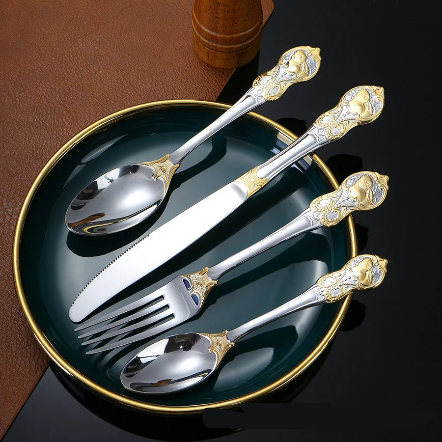 Hot Selling Stainless Steel Cutlery Retro Embossed Handle Flatware 410 Stainless Steel Spoon Set With Gold-Plated Gift Box