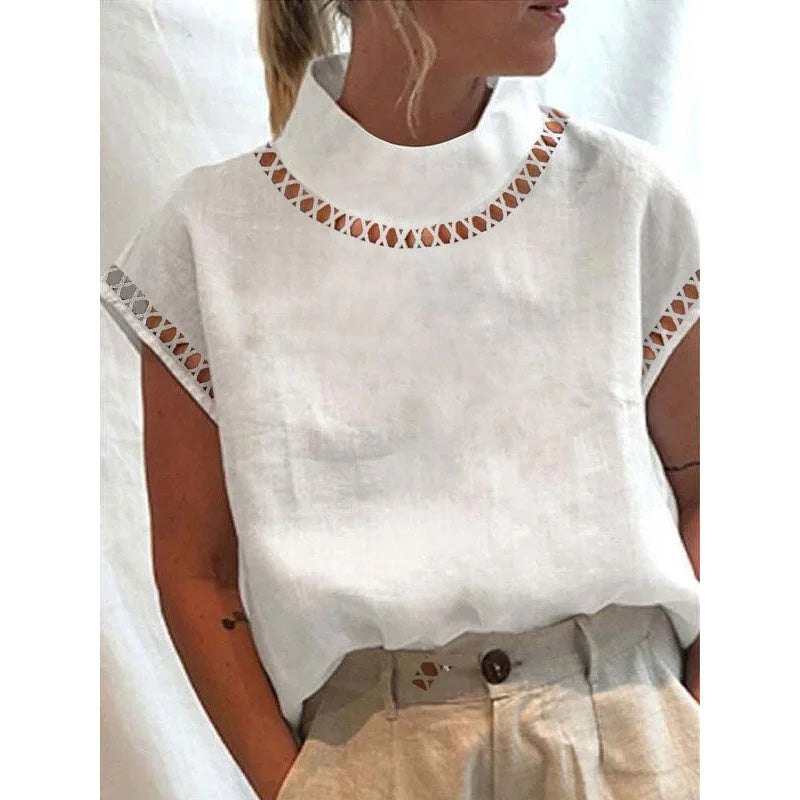 New Arrival Vintage Women Blouse Solid Cotton Linen Summer Casual Chic Tunic Hallow Stand Collar Oversized White Blouses
