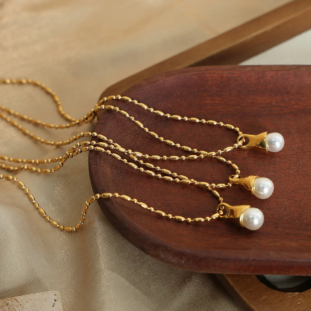 Elegant Minimalist Tarnish Free Stainless Steel Gold Plated Beaded Necklace High Gloss Pearl Pendant Necklace Colliers Femmes
