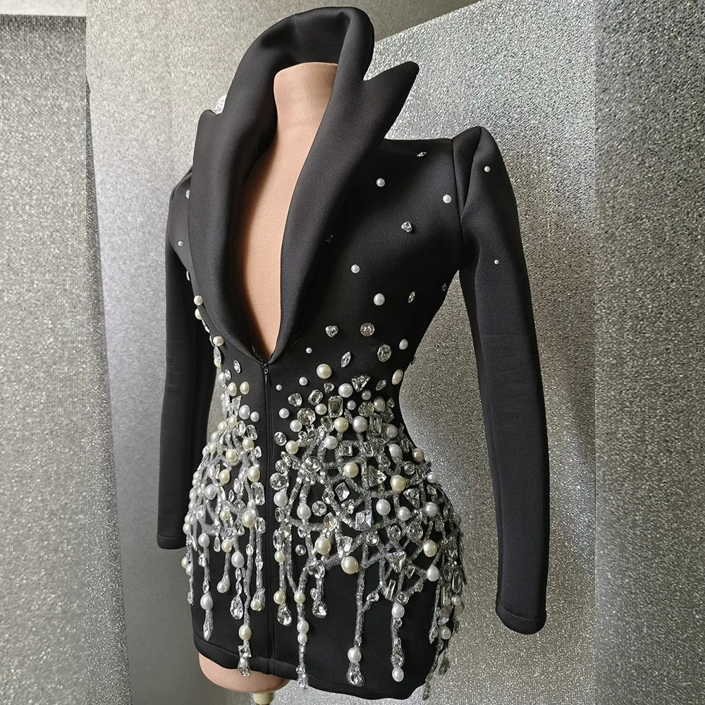 Sexy Black V Zipper Long Sleeve Jacket Evening Prom Coat Performance Blazers Ladies Women Suit Club Crystal Pearl Party Blaze
