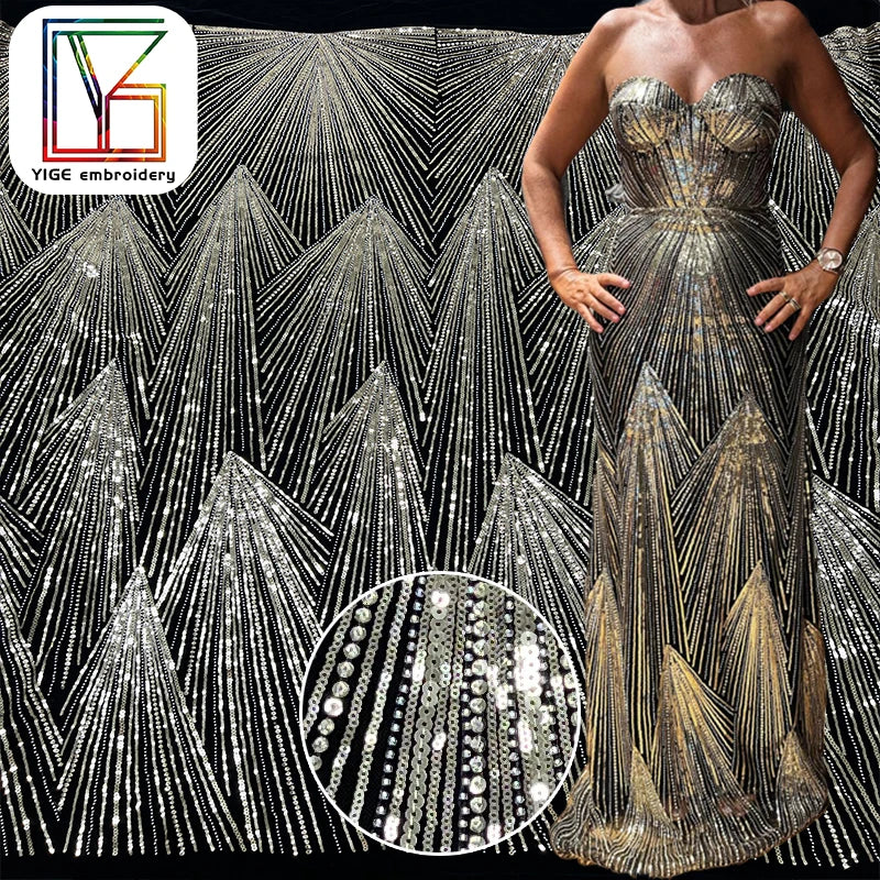 Luxury African Sequins Beaded Lace 100% Polyester Embroidery Tulle Beads Fabrics Bridal Gown Evening Lace Fabric