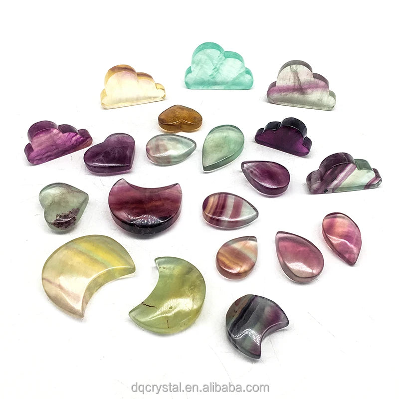 Wholesale Natural Crystal Fluorite Moon Shape Polished Carvings Rainbow Fluoirte Cloud Hearts for Decoration