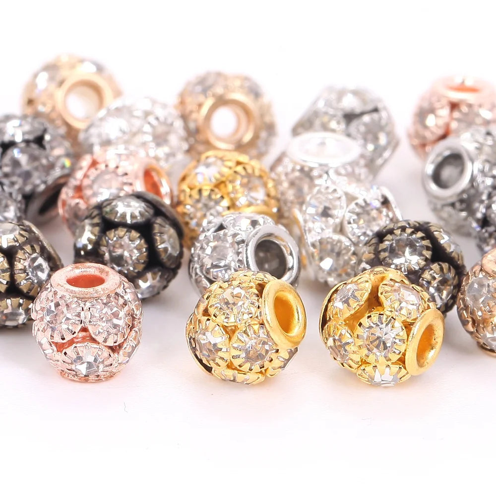 10pcs Big Hole Rhinestone Crystal Beads Copper Loose Spacer Round Rondelle Beads for Jewelry Making DIY Bracelet Accessories