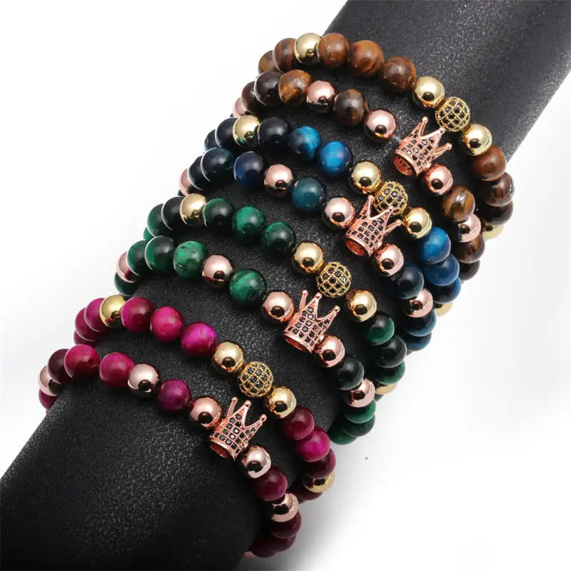 Fashion Brass Bead Imperial Crown Bracelet Cubic Zirconia Tiger Eye Micro Pave CZ Elastic Band Natural Bracelet Fashion Jewel