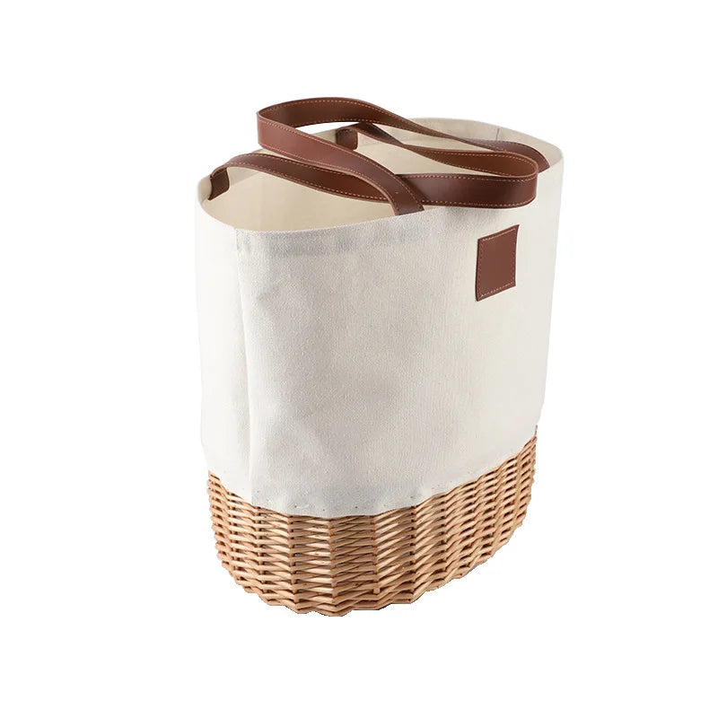 Premium Reusable Canvas Combined Wicker Tote Handbag Shopping Bag Folding Wicker Basket for Picnic Using 2 or 4 Persons