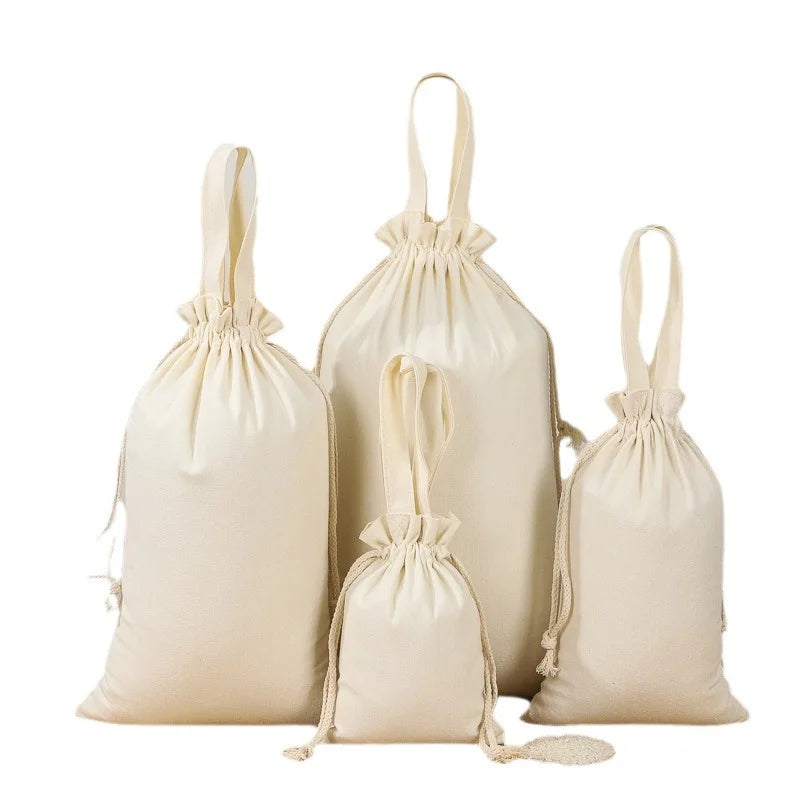 100% Cotton Canvas Rice Drawstring Bag with Long Cotton Rope Handle for Convenient Shopping