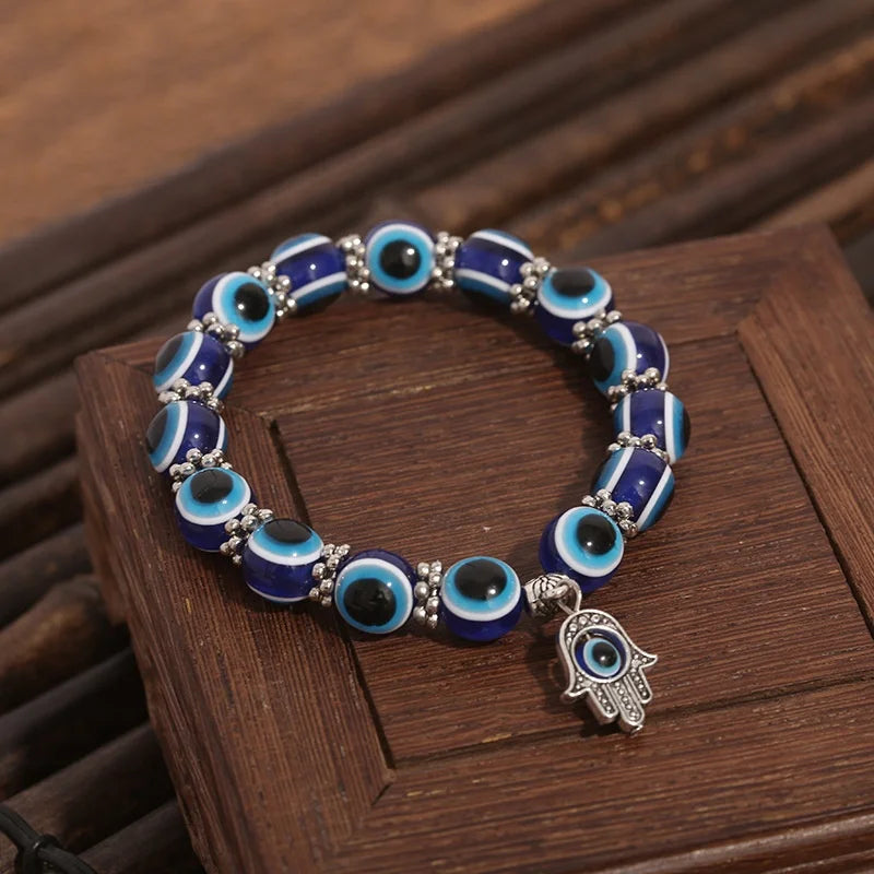 Fashion Jewelry Blue Eye Stone Charm Handmade Elastic Rope Palm Lucky Turkish Eye Pendant Women Bracelet