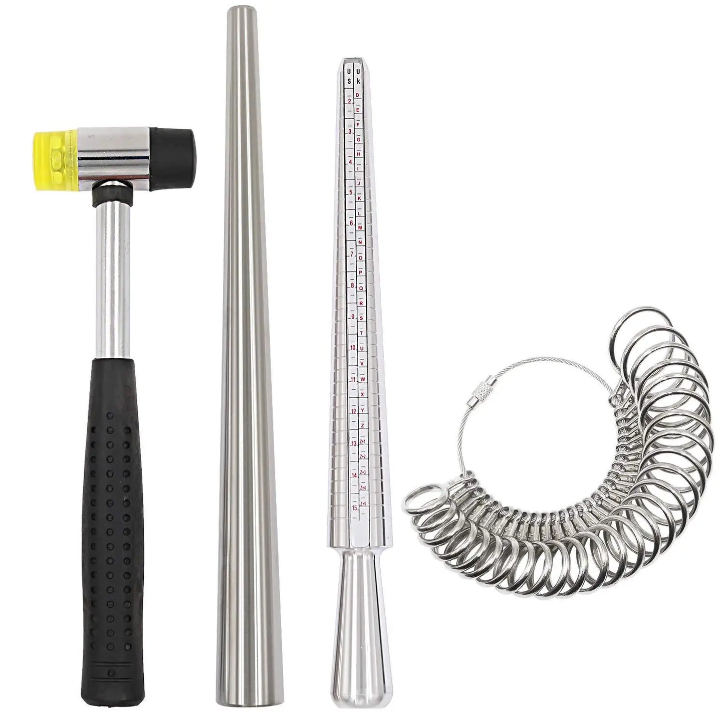 US UK EU Metal Ring Size Finger Gauge Ring Mandrel Stick Solid Rod Rubber Hammer 4pcs Metal Ring Sizer Measuring Tool Set