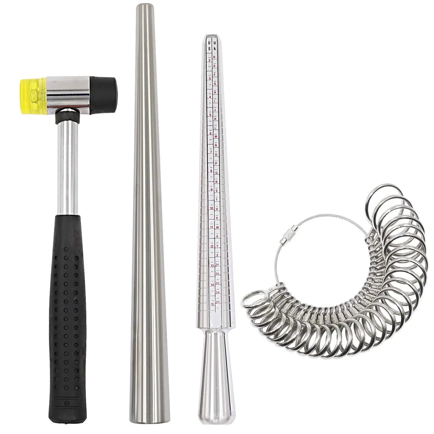 US UK EU Metal Ring Size Finger Gauge Ring Mandrel Stick Solid Rod Rubber Hammer 4pcs Metal Ring Sizer Measuring Tool Set