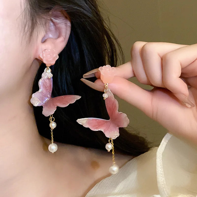 Fashion Crystal Jewelry Zircon Long Tassel Dangle Earrings Wedding Party Jewelry Gift Crystal Butterfly Pearl Pendent Earring