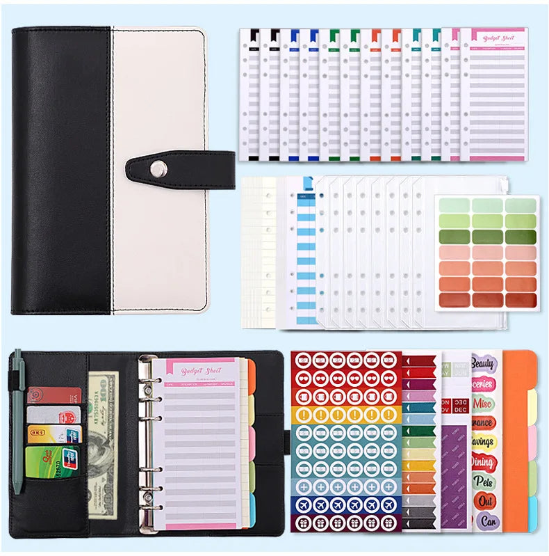 Waterproof Leather A6 Composition Book with Thread Sewing Binding Hardcover Zipper Envelopes Budget Sheets for School Supplie