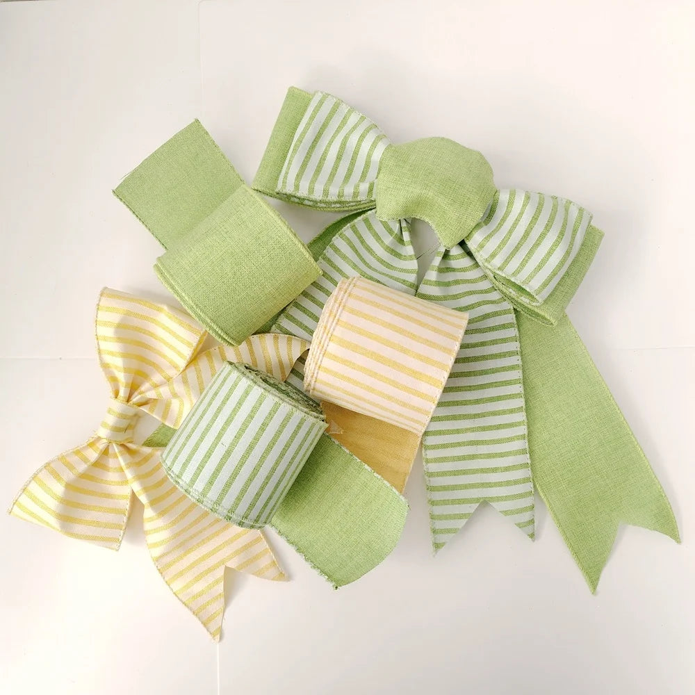 Custom Colorful Green Pink Yellow with White Stripe Polyester Wire Ribbon 63mmx5mts for Diy Bows Easter Wrapping