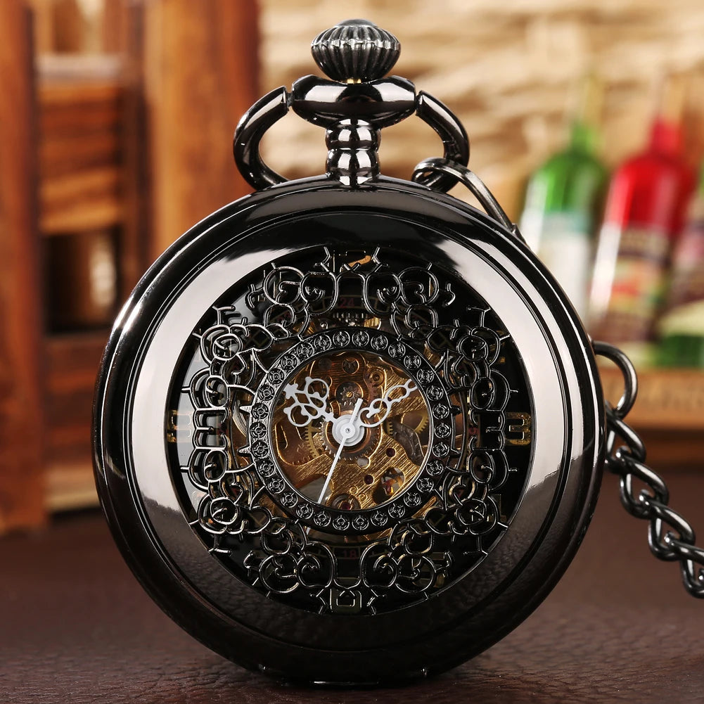 Retro Black Half Hunter Case Manual Winding Pocket Watch   Mechanical Skeleton Steampunk Fob Watch with Chain for Men Gift
