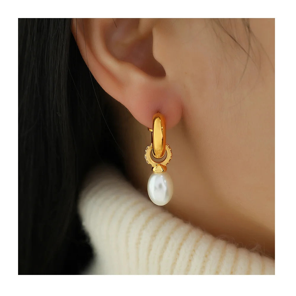 2024 New Dainty 316l Stainless Steel Hypoallergenic Tarnish Free 18k Pvd Gold Plated Pearl Pendant Earrings for Women