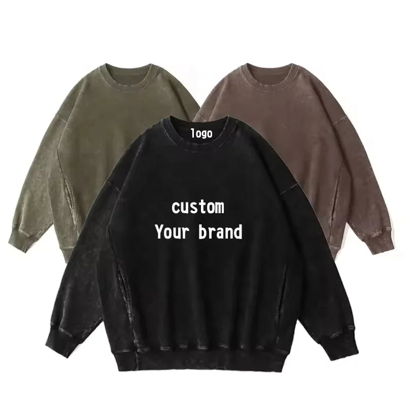 Factory Custom Acid Wash Men's Sweatshirt Crewneck Ribbing Collar Men's Sweatshirt & Hoodie Vintage Hoodie