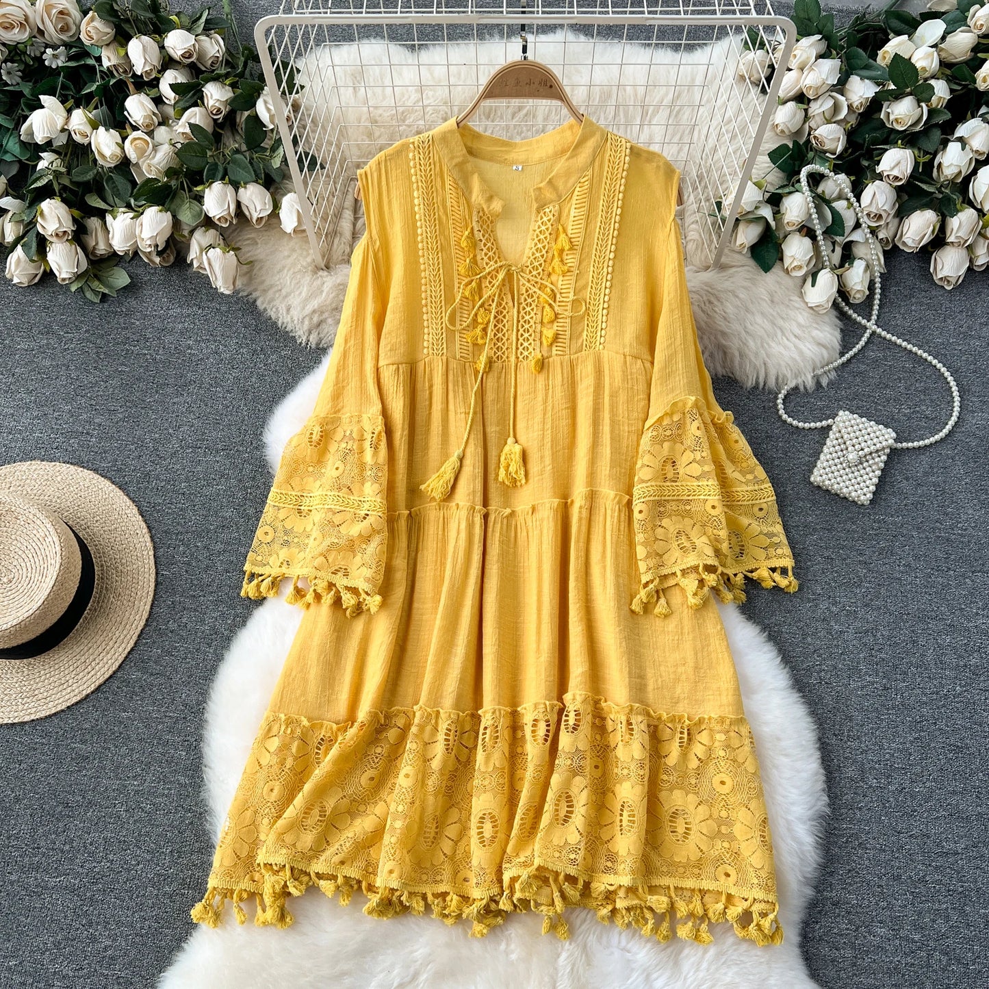 Plus Size Spring Korean Slim Casual Midi Dress for Women Flare Sleeve Empire Hollow Out Tassel Shift Lace Dress Yellow White