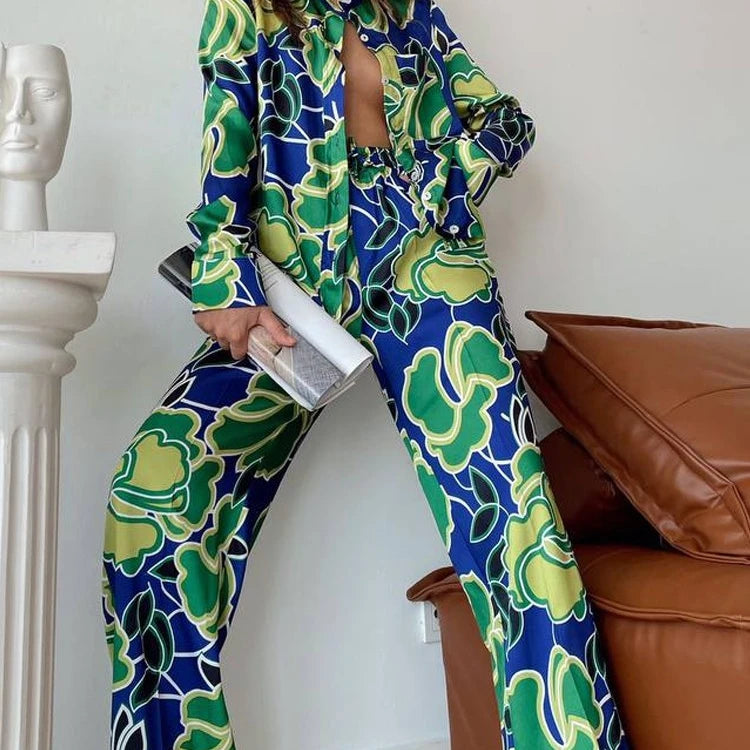 New Women's Fashion Printed Loose Casual Long Sleeved Shirt+straight Leg Pants Set