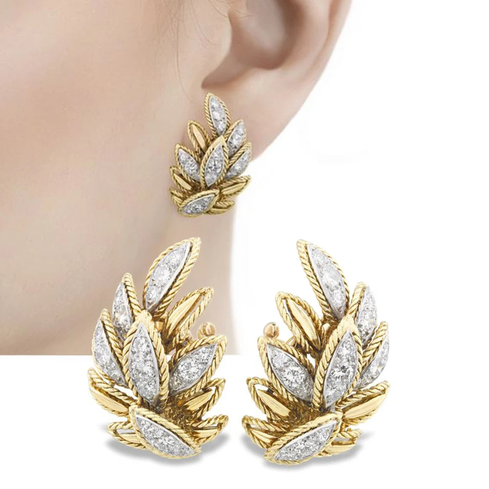 CAOSHI Gorgeous Leaves Design Stud Earrings Women Two Tone Luxury Pave Dazzling CZ Aesthetic Female Earrings for Wedding Jewe