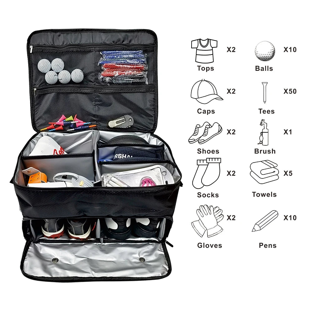 2 Layer PVC Black Golf Trunk Organizer Storage Box for Golf Bags Portable Travel Box