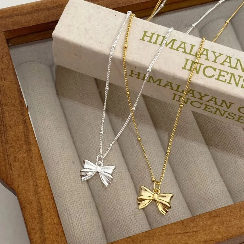 Fine 925 Silver Jewelry Bow Pendant Necklace Women Jewelry Fashion 18K Gold Plated 925 Sterling Silver Bead Chain Necklace