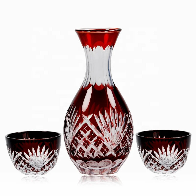 Japanese Style Edo Kiriko Classic Japanese Style  Red  Color Sake Bottle Set Glass Decanter with Small Glass Cup
