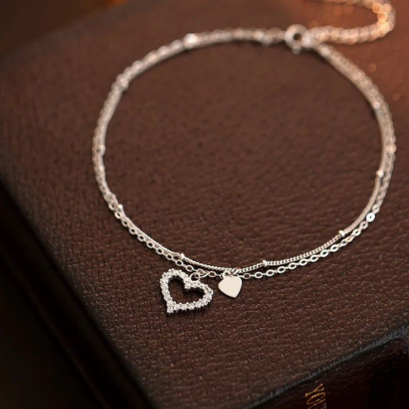 Summer Double Layer Chain Foot Jewelry 925 Sterling Silver CZ Zircon Heart Shape Anklets for Girls Beach Jewelry