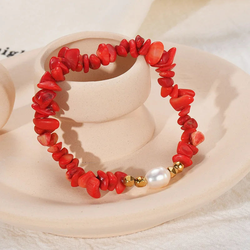 Hot Sales Women Luxury Dainty Irregular Red Beaded Bracelets Freshwater Pearl Gemstone Natural Stone Bracelet for Girls