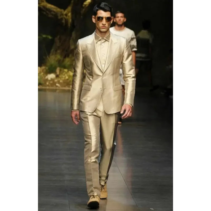 Mens Classic Shiny Satin Men Suit Designer Costume Wedding Jacket Formal Coat Pant Traje Americana Hombre 2PCS Jacket Pant Se