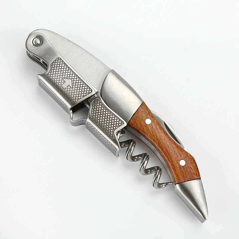 High Quality Customized Logo Multi-Functional Wine Bottle Opener with Wooden Handle Corkscrew Rosewool Made of Durable Metal