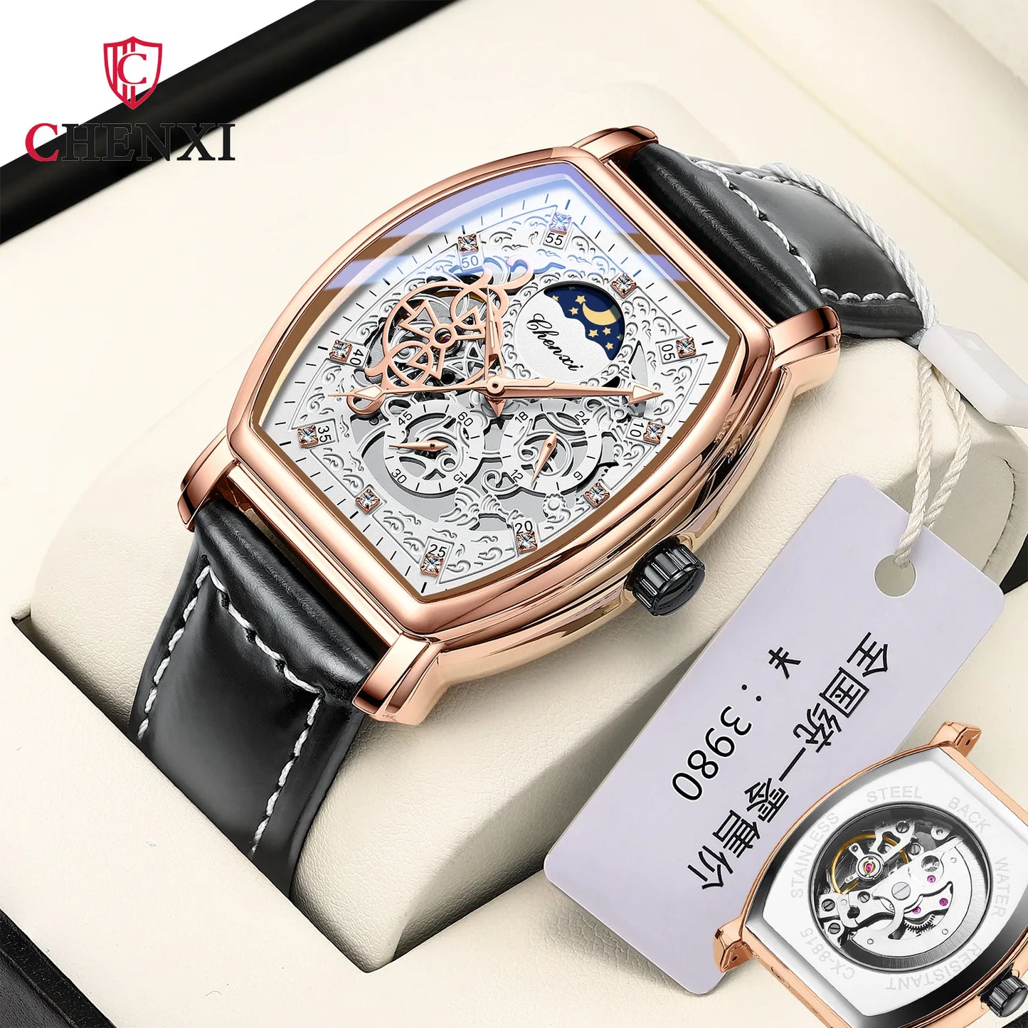 CHENXI New Sun Moon and Stars Barrel-shaped Automatic Mechanical Watch Men's Luminous Hollow Wholesale