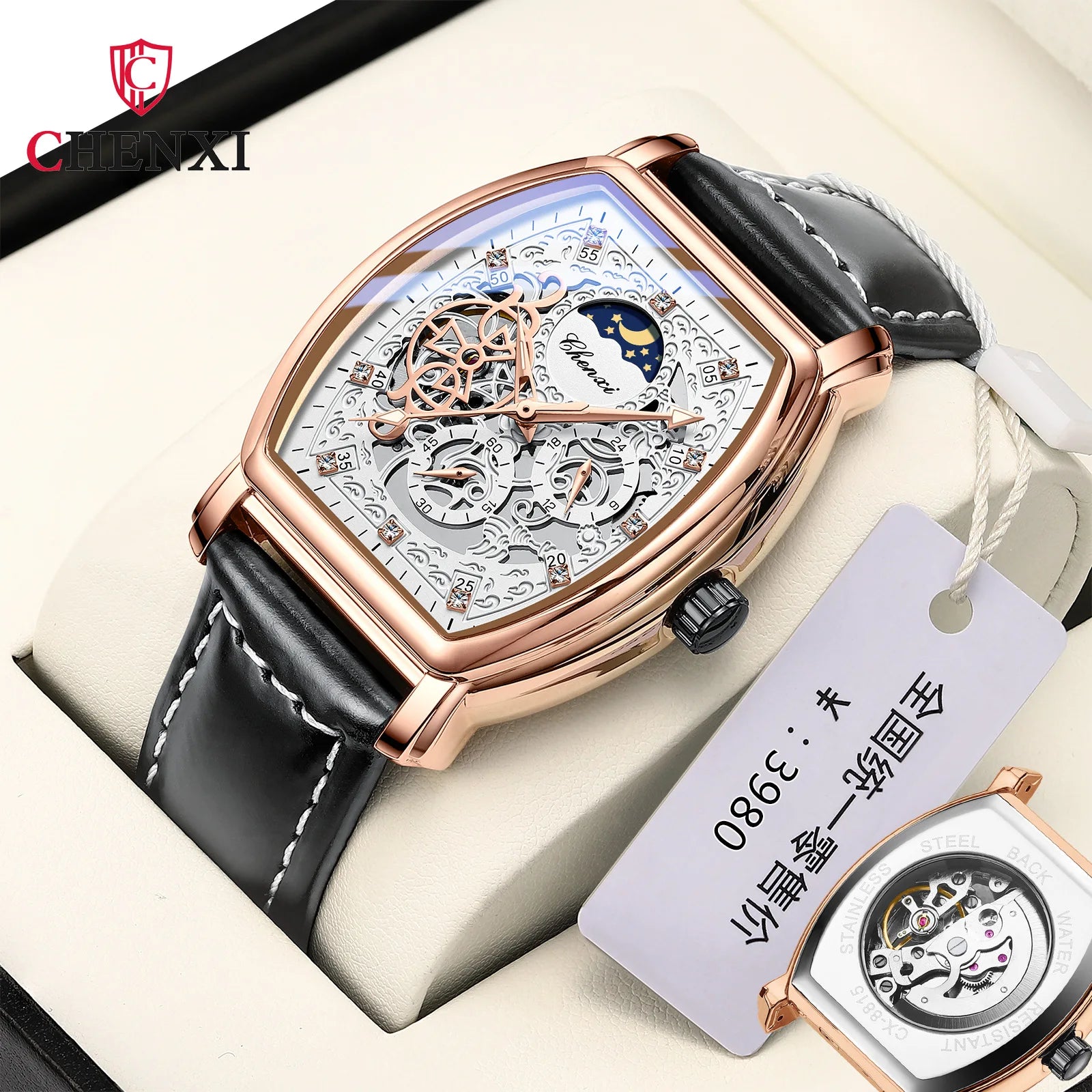 CHENXI New Sun Moon and Stars Barrel-shaped Automatic Mechanical Watch Men's Luminous Hollow Wholesale