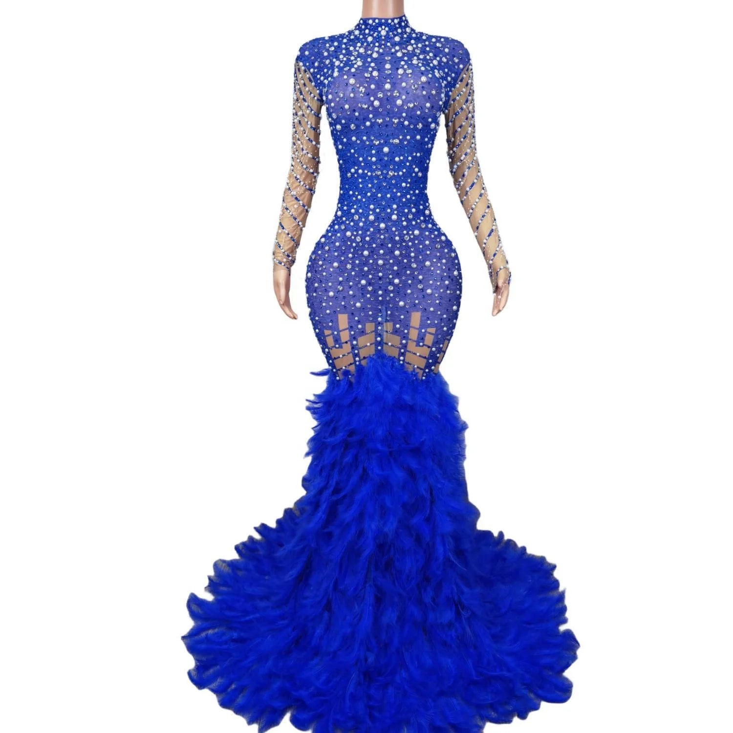 Elegant Pearls Diamonds Formal Wedding Cocktail Dress Large Size Dinner Gown Sexy Women Feathers Mermaid Party Evening Dresse