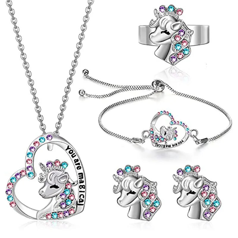 Fashion Letter Initial Jewelry Unicorn Colorful Heart Pendant Unicorn Necklaces Bracelet Rings Earrings for Girls Women Gift