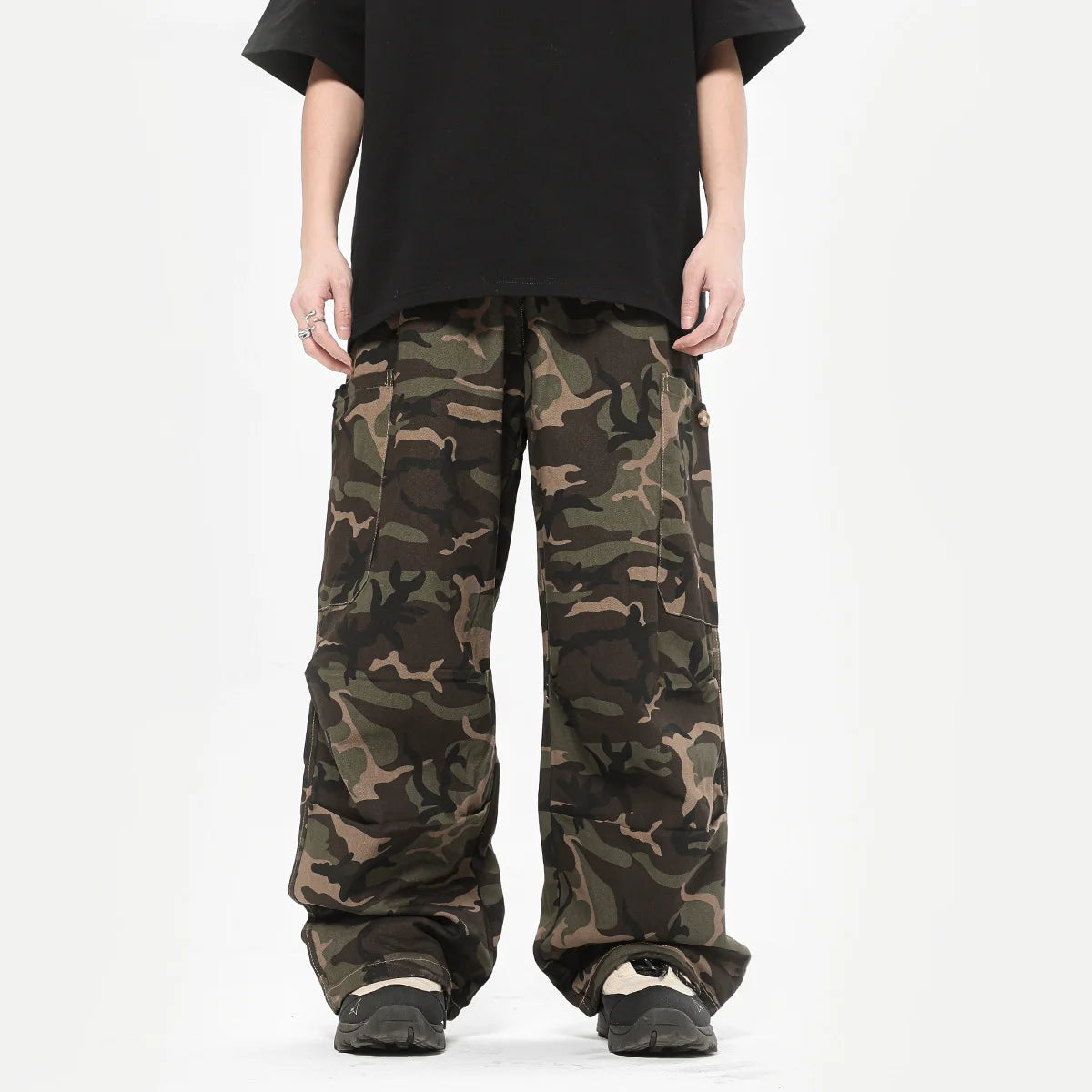 Men's High Street Style 100% Cotton Colored Wash High Waist Baggy Wide Leg Camouflage Camo Cargo Pant Men