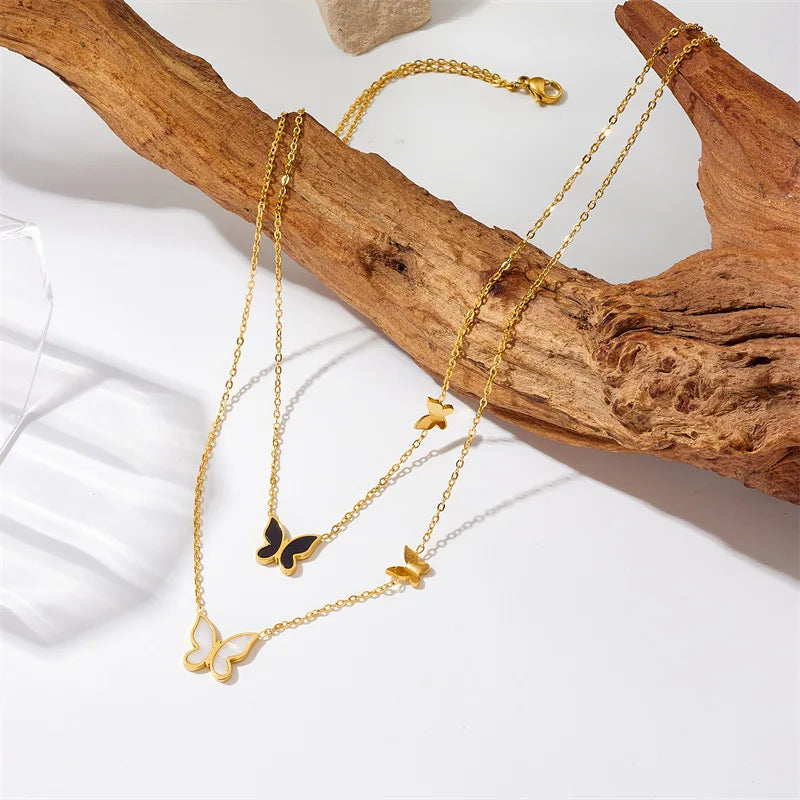 2024 New Double Layer 18k Gold Plated 316l Stainless Steel Butterfly Pendant Necklace Jewelry Tarnish Free Necklace Women
