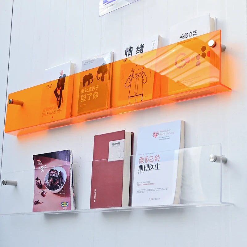 Acrylic Bookshelf Orange Acrylic Display Shelf Minimalist Style Bookstore Decor Wall Bookshelf.